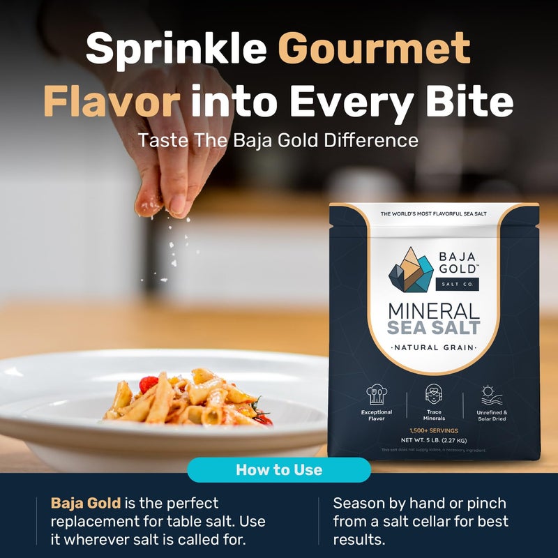 Baja Gold Mineral Sea Salt - Organic Natural Grain Salt for Cooking & Baking | Low Sodium, Authentic Baja Salt | Ideal for All Culinary Creations | 5 lb. Resealable Bag, 1,500+ Servings - Image 4